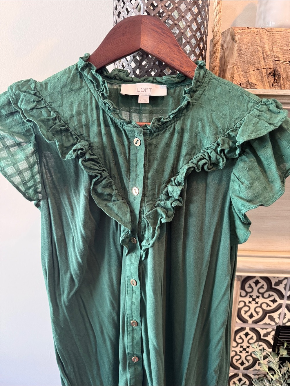 LOFT Deep Green Ruffle-Trim Button Front Blouse